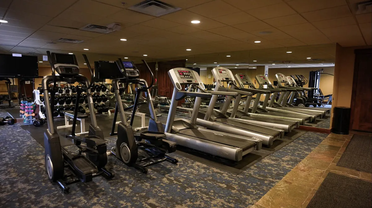 A modern fitness center featuring multiple elliptical machines, treadmills, a dumbbell rack, and a mirrored wall. The space is bright and organized, evoking a sense of energy and motivation for workouts.